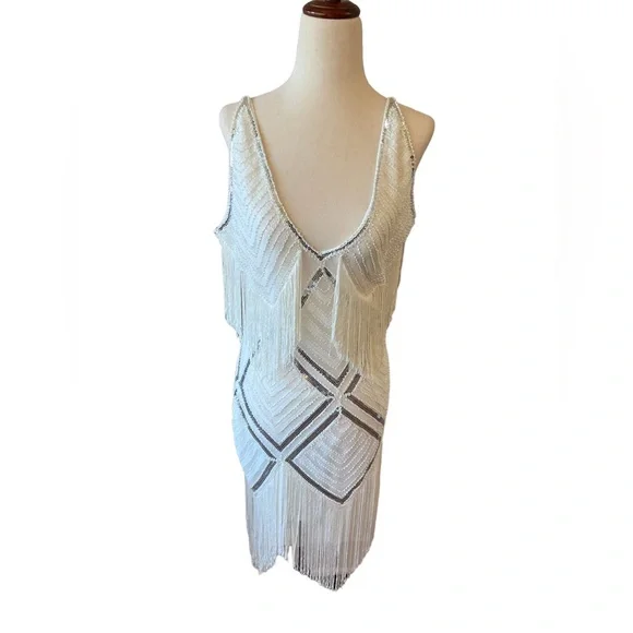 Babeyond | Dresses | Beaded Sequin Vneck Flapper Mini Slip Dress Stunning  White And Silver | Poshmark